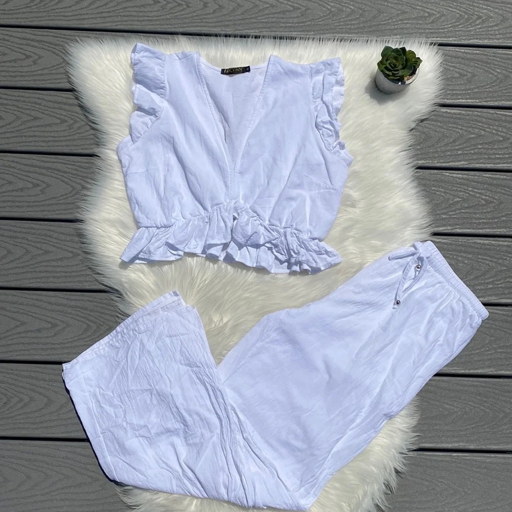 White two piece cropped top & side slit pant set - Picture 2 of 8